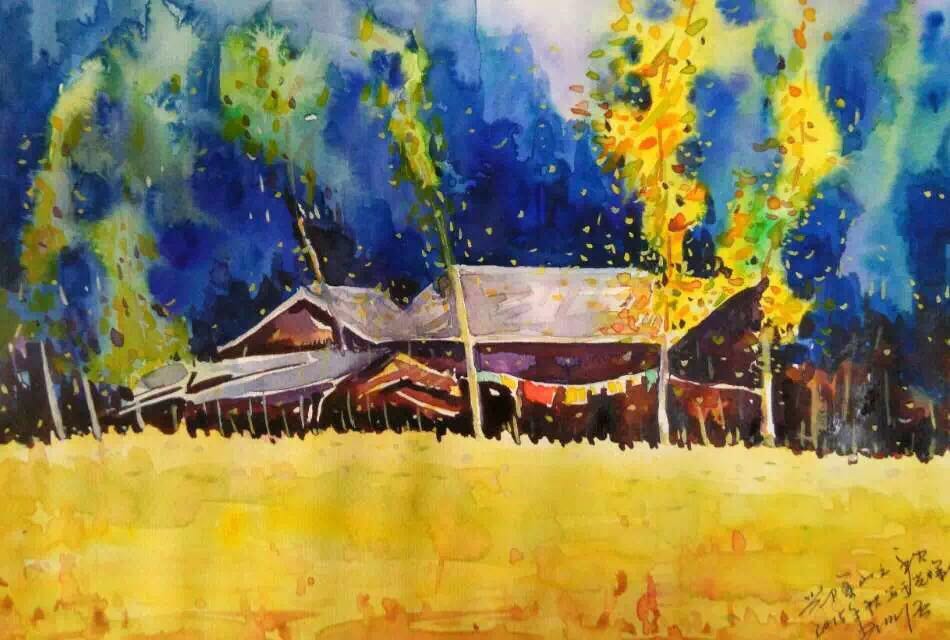 本土独立画师——胡富强 现代水彩画《兴隆山之秋》